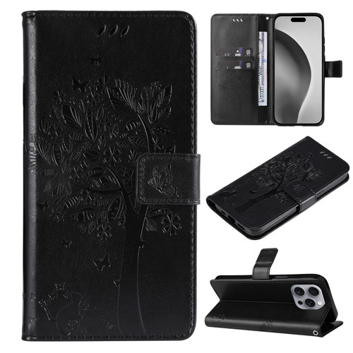 iPhone 16 Pro Max Tree & Cat Embossed Pattern Flip Leather Phone Case - Black