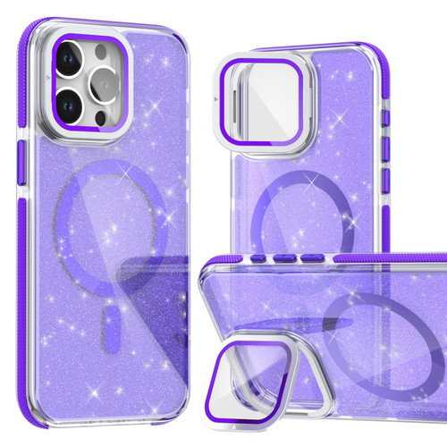 iPhone 16 Pro Max Two-color Glitter Powder Lens Holder Magsafe Phone Case - Purple