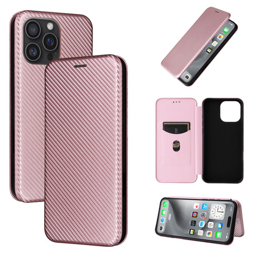 iPhone 16 Pro Carbon Fiber Texture Flip Leather Phone Case - Pink