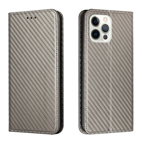 iPhone 16 Pro Carbon Fiber Texture Magnetic Flip Leather Phone Case - Grey