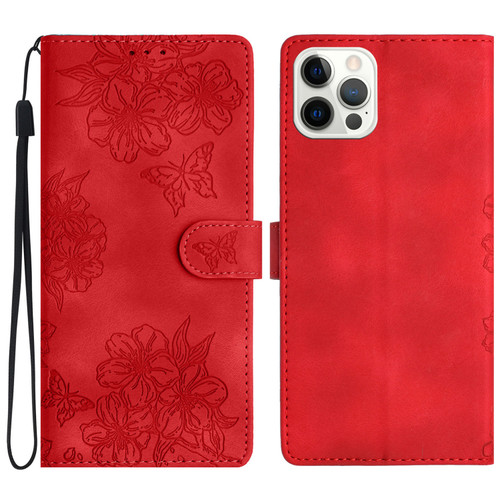 iPhone 16 Pro Cherry Blossom Butterfly Skin Feel Embossed PU Phone Case - Red