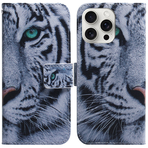 iPhone 16 Pro Coloured Drawing Flip Leather Phone Case - Tiger