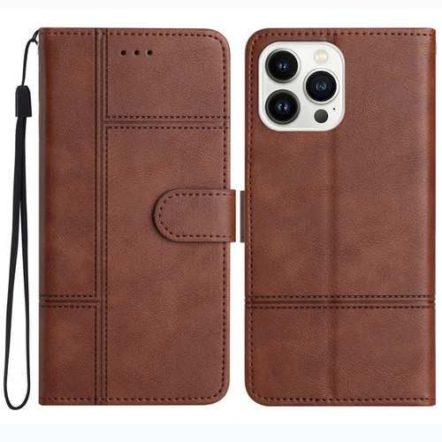 iPhone 16 Pro Cowhide Texture Stitching Leather Phone Case - Coffee