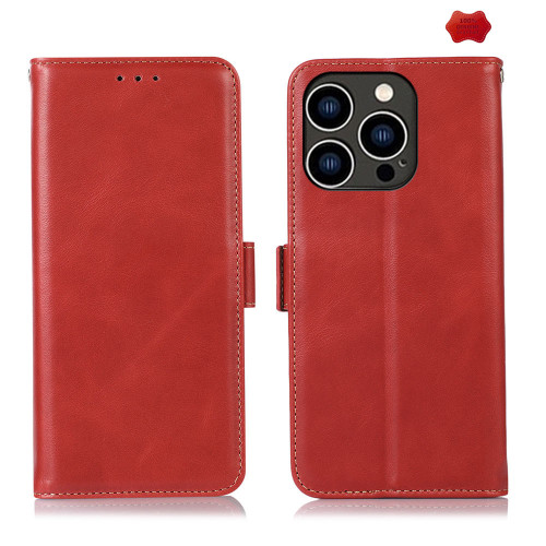 iPhone 16 Pro Crazy Horse Top Layer Cowhide Leather Phone Case - Red