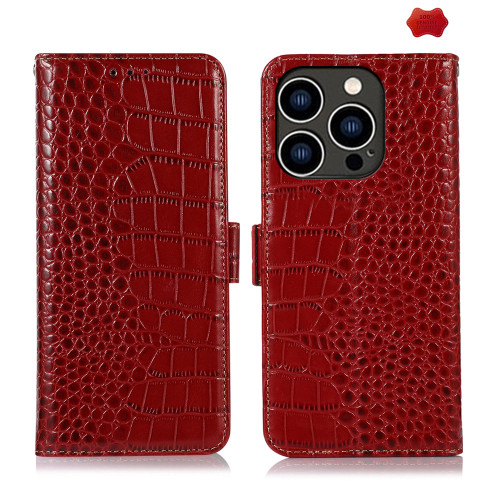 iPhone 16 Pro Crocodile Top Layer Cowhide Leather Phone Case - Red