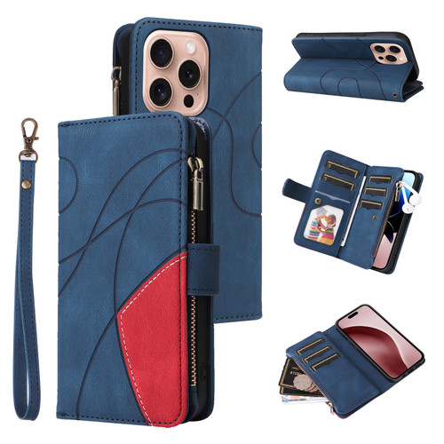 iPhone 16 Pro Dual-color 9 Card Slots Zipper Wallet Leather Phone Case - Blue