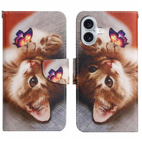 iPhone 16 Plus 3D Colored Drawing Flip Leather Phone Case - Butterfly Cat