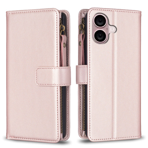 iPhone 16 Plus 9 Card Slots Zipper Wallet Leather Flip Phone Case - Rose Gold