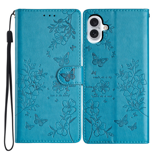 iPhone 16 Plus Butterflies and Flowers Leather Phone Case - Blue