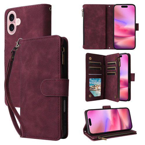 iPhone 16 Plus Crossbody Multi-card Slot Wallet Zipper Leather Phone Case - Wine Red