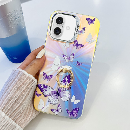 iPhone 16 Plus Electroplating Laser Butterfly Ring Holder Phone Case - White Purple Butterflies AB6