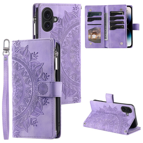 iPhone 16 Plus Multi-Card Totem Zipper Leather Phone Case - Purple