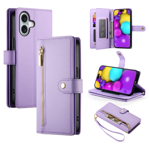 iPhone 16 Plus Nine Card-slot Zipper Wallet Bag Leather Phone Case - Purple