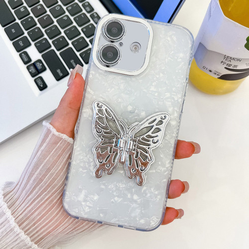 iPhone 16 Plus Plating Glitter Texture Butterfly Holder TPU Phone Case with Lens Film - White Shell Grain