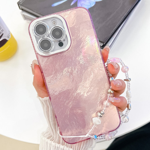 iPhone 16 Plus Plating Glitter Texture Chain Wristband TPU Phone Case with Lens Film - Pink Tinfoil Texture