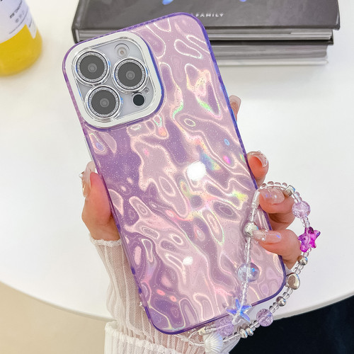 iPhone 16 Plus Plating Glitter Texture Chain Wristband TPU Phone Case with Lens Film - Purple Wrinkles