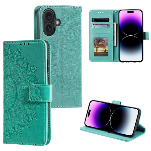 iPhone 16 Plus Totem Flower Embossed Leather Phone Case - Green