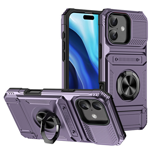 iPhone 16 Plus TPU+PC Shockproof Card Phone Case with Metal Ring Holder - Purple