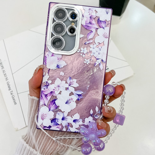 Samsung Galaxy S25 Ultra 5G Electroplating Flowers Plants Texture Wristband TPU Phone Case - Azalea FL4