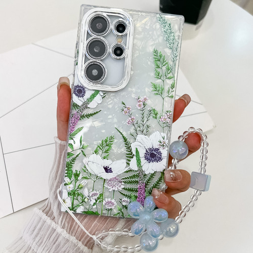 Samsung Galaxy S25 Ultra 5G Electroplating Flowers Plants Texture Wristband TPU Phone Case - Green Plants FL5