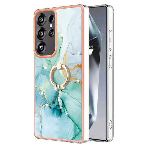 Samsung Galaxy S25 Ultra 5G Electroplating Marble IMD TPU Phone Case with Ring Holder - Green 003