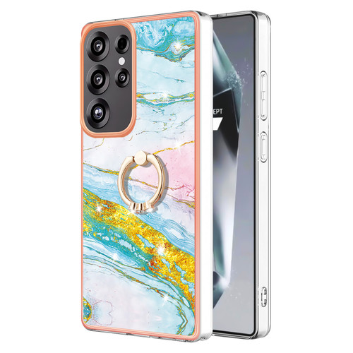 Samsung Galaxy S25 Ultra 5G Electroplating Marble IMD TPU Phone Case with Ring Holder - Green 004
