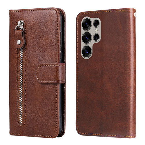 Samsung Galaxy S25 Ultra 5G Fashion Calf Texture Zipper Leather Phone Case - Brown