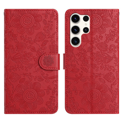 Samsung Galaxy S25 Ultra 5G Floral Embossed Pattern Leather Phone Case - Red