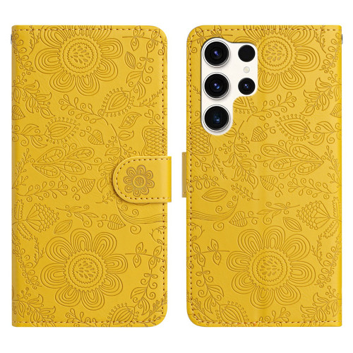 Samsung Galaxy S25 Ultra 5G Floral Embossed Pattern Leather Phone Case - Yellow
