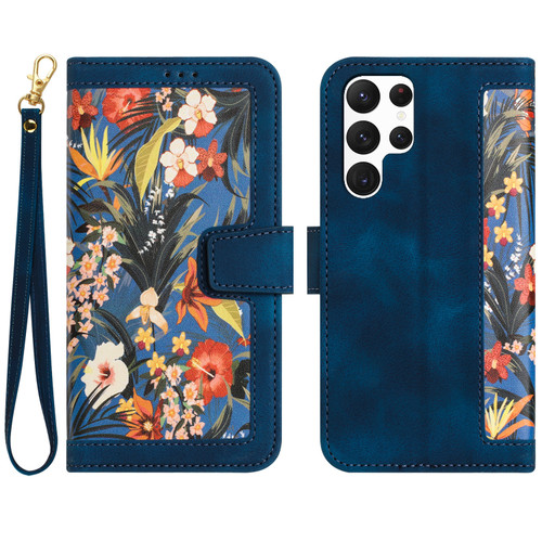 Samsung Galaxy S25 Ultra 5G Floral Pattern Leather Phone Case with Lanyard - Dark Blue
