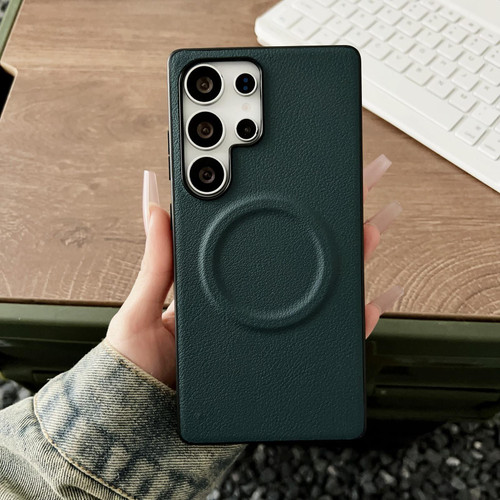 Samsung Galaxy S25 Ultra 5G Magsafe Magnetic Plain Leather Phone Case - Dark Green