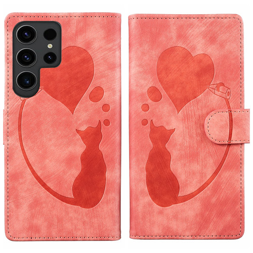 Samsung Galaxy S25 Ultra 5G Pen Heart Cat Embossed Leather Phone Case - Orange