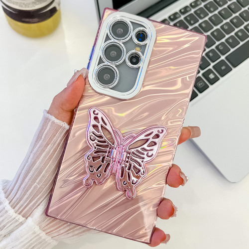 Samsung Galaxy S25 Ultra 5G Plating Glitter Texture Butterfly Holder TPU Phone Case with Lens Film - Pink Water Ripples