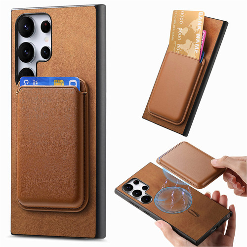 Samsung Galaxy S25 Ultra 5G Retro Magsafe Card Bag PU Back Cover Phone Case - Brown