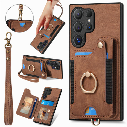 Samsung Galaxy S25 Ultra 5G Retro Skin-feel Ring Multi-card Wallet Phone Case - Brown