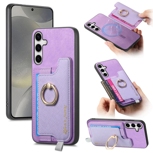 Samsung Galaxy S25+ 5G Retro Cross Leather Ring Horizontal Insert Card Bag MagSafe Phone Case - Purple