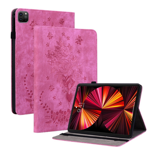 iPad Pro 11 2021 / Air 4 2020 Butterfly Rose Embossed Leather Smart Tablet Case - Rose Red