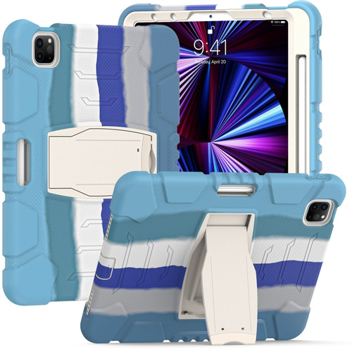 iPad Pro 11 2022 / 2021 / 2020 / 2018 3-Layer Protection Screen Frame + PC + Silicone Shockproof Combination Tablet Case with Holder - Colorful Blue