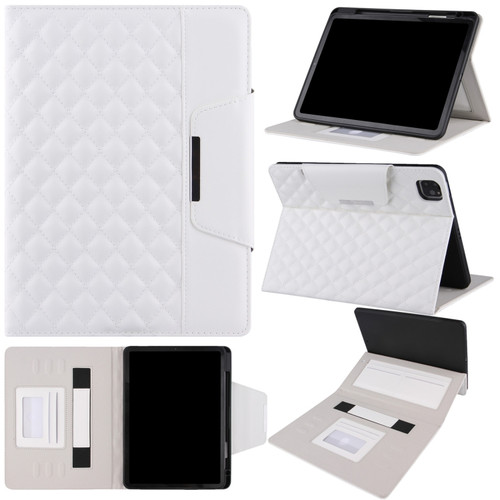 iPad Pro 11 - 2021 / 2020 / 2018 / Air 10.9 2020 Checkered Pattern Horizontal Flip Leather Tablet Case with Holder & Card Slots & Hand Strap - White