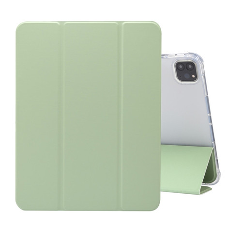 iPad Pro 11 2022 / 2021 Three-folding Electric Pressed Skin Texture Horizontal Flip Shockproof Transparent TPU + PU Leather Tablet Case with Holder & Pen Slot & Sleep / Wake-up Function - Matcha Green