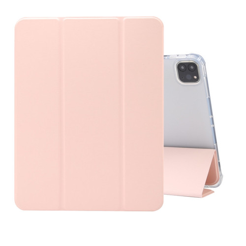 iPad Pro 11 2022 / 2021 Three-folding Electric Pressed Skin Texture Horizontal Flip Shockproof Transparent TPU + PU Leather Tablet Case with Holder & Pen Slot & Sleep / Wake-up Function - Light Pink