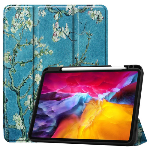 iPad Pro 11 2022 / 2021 Colored Drawing Horizontal Flip TPU + PU Leather Tablet Case with Three-folding Holder & Sleep / Wake-up Function & Pen Slot - Apricot Flower