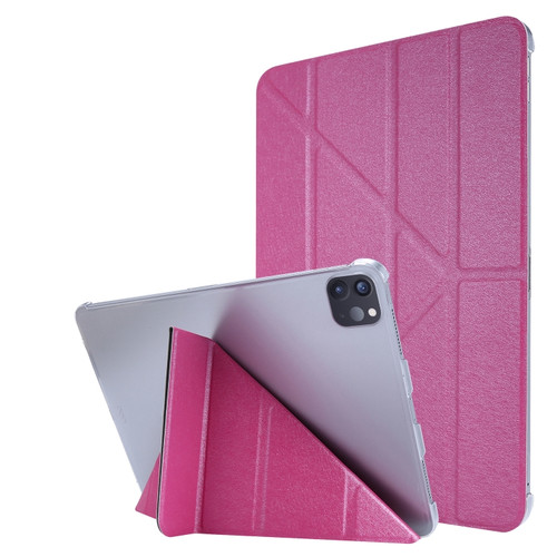 iPad Pro 11 2022 / 2021 Silk Texture Horizontal Deformation Flip Leather Tablet Case with Holder - Rose Red