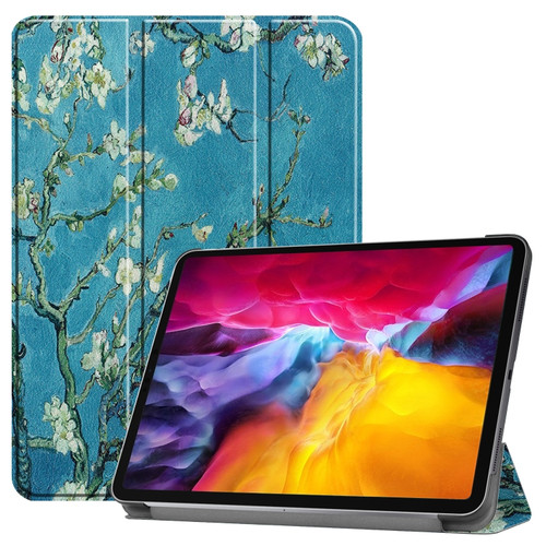 iPad Pro 11 2022 / 2021 Colored Drawing Horizontal Flip PC + PU Leather Tablet Case with Three-folding Holder & Sleep / Wake-up Function - Apricot Flower