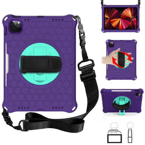 iPad Pro 11 2022 / 2021 / 2020 / 2018 360 Degree Rotation Honeycomb Shockproof Silicone PC Protective Tablet Case with Holder & Shoulder Strap & Hand Strap - Purple Mint Green