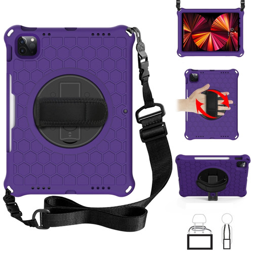 iPad Pro 11 2022 / 2021 / 2020 / 2018 360 Degree Rotation Honeycomb Shockproof Silicone PC Protective Tablet Case with Holder & Shoulder Strap & Hand Strap - Purple Black