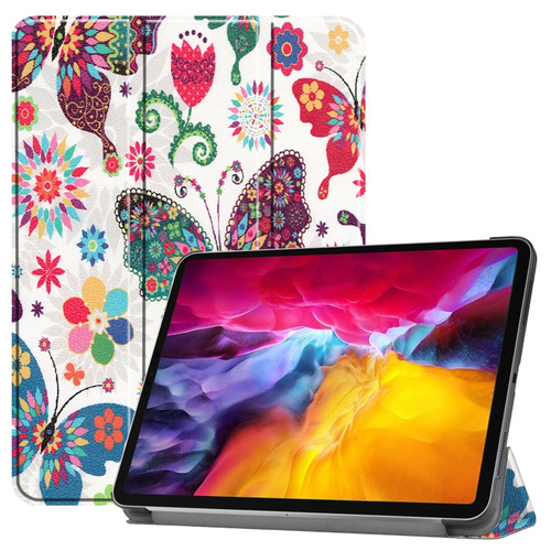 iPad Pro 11 2022 / 2021 Colored Drawing Horizontal Flip PC + PU Leather Tablet Case with Three-folding Holder & Sleep / Wake-up Function - Colorful Butterfly