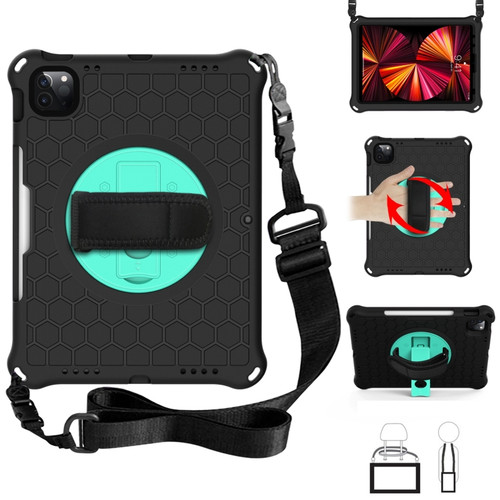 iPad Pro 11 2022 / 2021 / 2020 / 2018 360 Degree Rotation Honeycomb Shockproof Silicone PC Protective Tablet Case with Holder & Shoulder Strap & Hand Strap - Black Mint Green