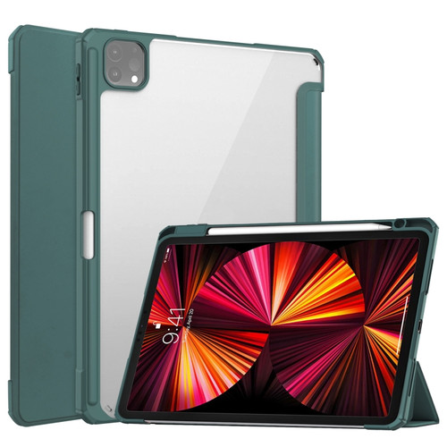 iPad Pro 11 2022 / 2021 / 2020 / 2018 Three-folding Acrylic TPU + PU Leather Horizontal Flip Tablet Case with Holder & Pen Slot & Sleep / Wake-up Function - Deep Green