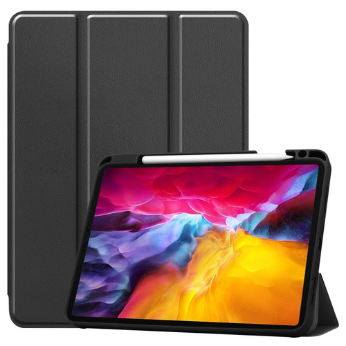 iPad Pro 11 2022 / 2021 Pure Color Horizontal Flip TPU + PU Leather Tablet Case with Three-folding Holder & Sleep / Wake-up Function & Pen Slot - Black